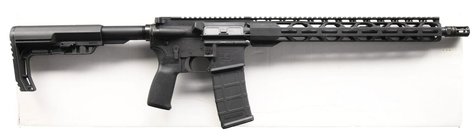 RADICAL FIREARMS RF-15 SEMI AUTO RIFLE.: Cal. 223 Rem. S# 21-007931. Bbl. 16". No sights present. Receiver & handguard have full length picatinny rails for sight mounting. Matte black finish. MFT minimalist collapsible stock. Mlok rail handg