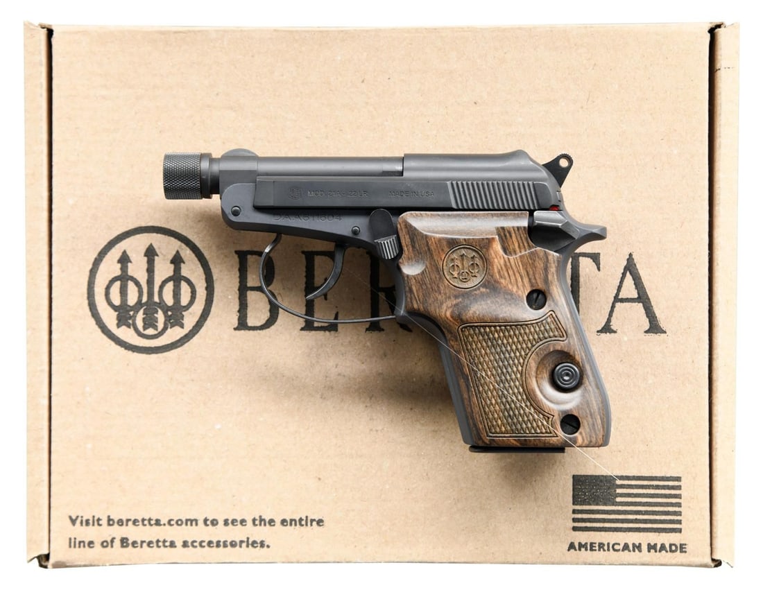 BERETTA 21A BOBCAT SEMI AUTO PISTOL.: Cal. 22 LR. S# DAA611604. Bbl. 2 1/2" threaded w/ thread protector. Blade front sight. Low profile fixed rear sight. Matte gray finish. Checkered hardwood grips w/ Beretta logo. MAGS: 1-7 rd. UNATTACH