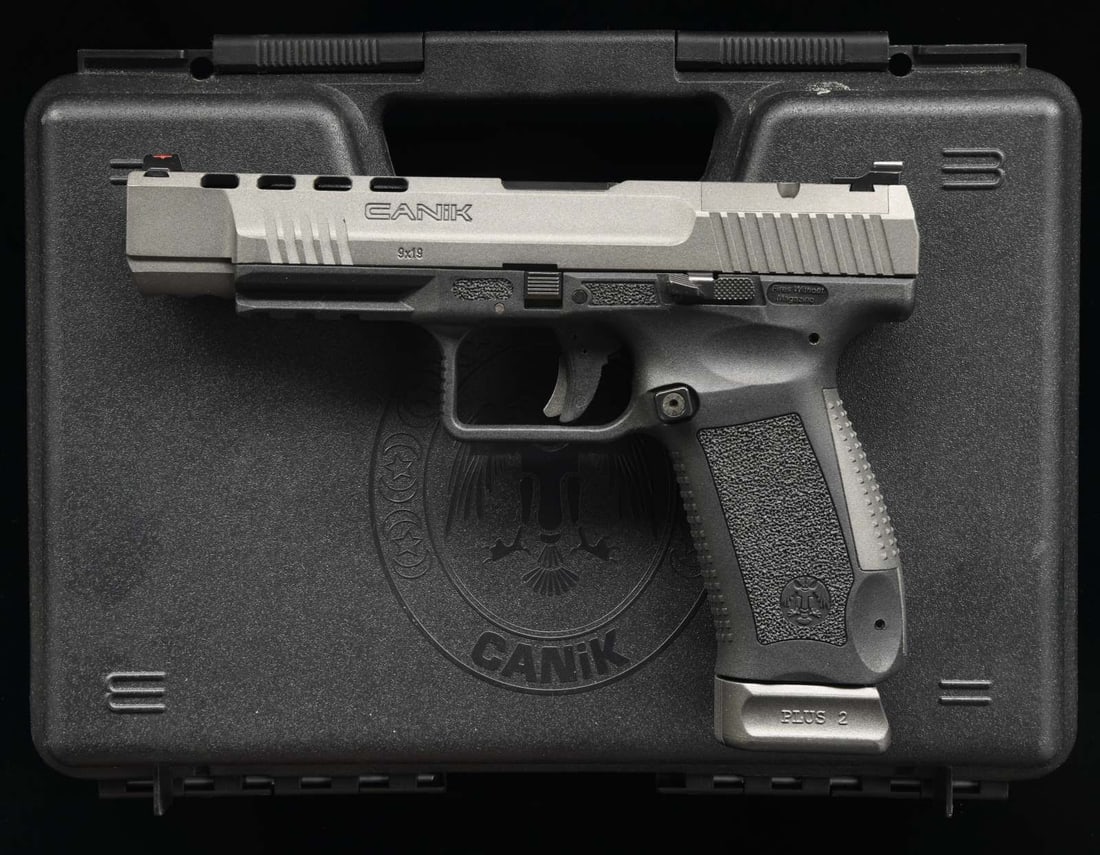 CANIK TP9SFX SEMI AUTO PISTOL.: Cal. 9mm Luger. S# BC08862. Bbl. 5". Fiber optic front sight. Warren rear sight. Turkish mfg. pistol imported by Century. Gray finished frame. Black polymer black frame. MAGS: 3-18 rd. UNATTACHED ACCE