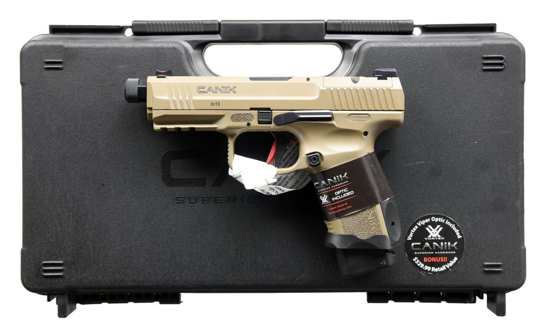 CANIK TP9 ELITE COMBAT SEMI AUTO PISTOL.: Cal. 9mm Luger. S# 21BN25528. Bbl. 4 3/4" threaded. Fiber optic front sight. Black rear sight. Slide is factory cut for an RMR plate. FDE finish. Turkish made striker fired pistol imported by Century