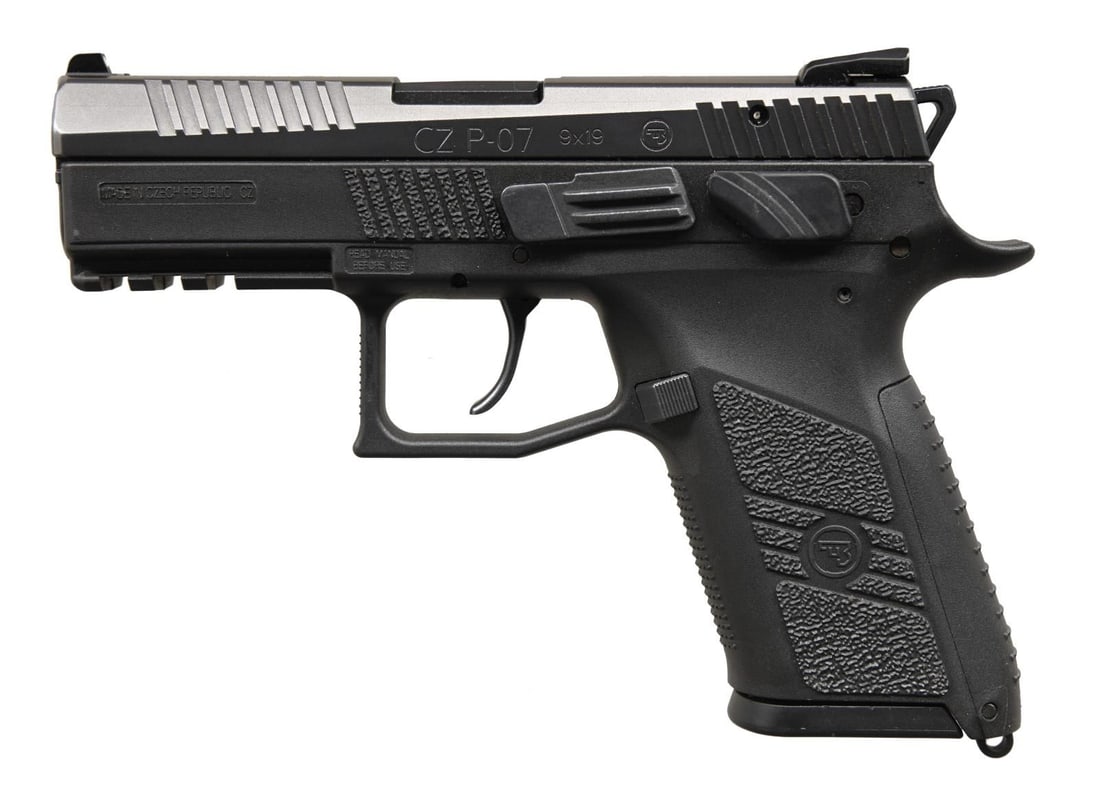 CZ P-07 SEMI AUTO PISTOL.: Cal. 9mm. S# F120300. Bbl. 3 1/2". Three dot sights. Polymer frame double action pistol w/ ambi decocker. Frame has picatinny rail for accessory mounting. MAGS: 1-15 rd. factory. UNATTACHED ACCESSORIE