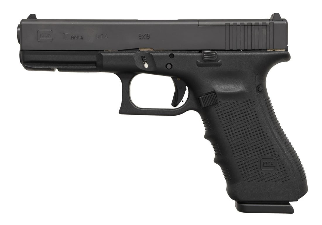 GEN4 GLOCK 17 MOS SEMI AUTO PISTOL.: Cal. 9mm. S# ACST393. Bbl. 4 3/4". Standard white outline Glock sights. MOS model w/ factory slide cut for RMR plate. Gen4 USA made Glock 17. Matte black finish slide w/ rear serrations. Black polymer