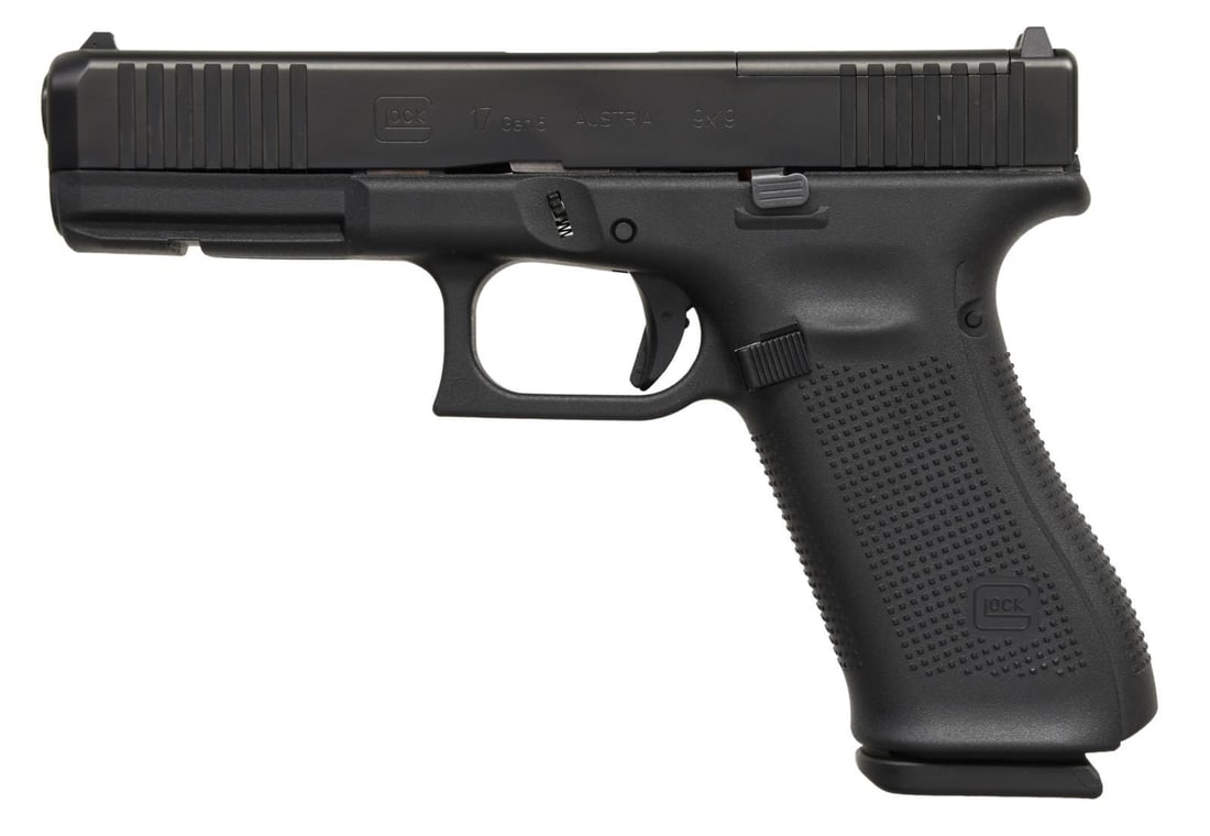 GLOCK 17 GEN5 MOS SEMI AUTO PISTOL.: Cal. 9mm. S# BNYF838. Bbl. 4 3/4". Standard white outline Glock sights. MOS model w/ slide factory cut for RMR plate. Ambi slide release. Enlarged mag release. Matte black slide w/ front & rear serrat