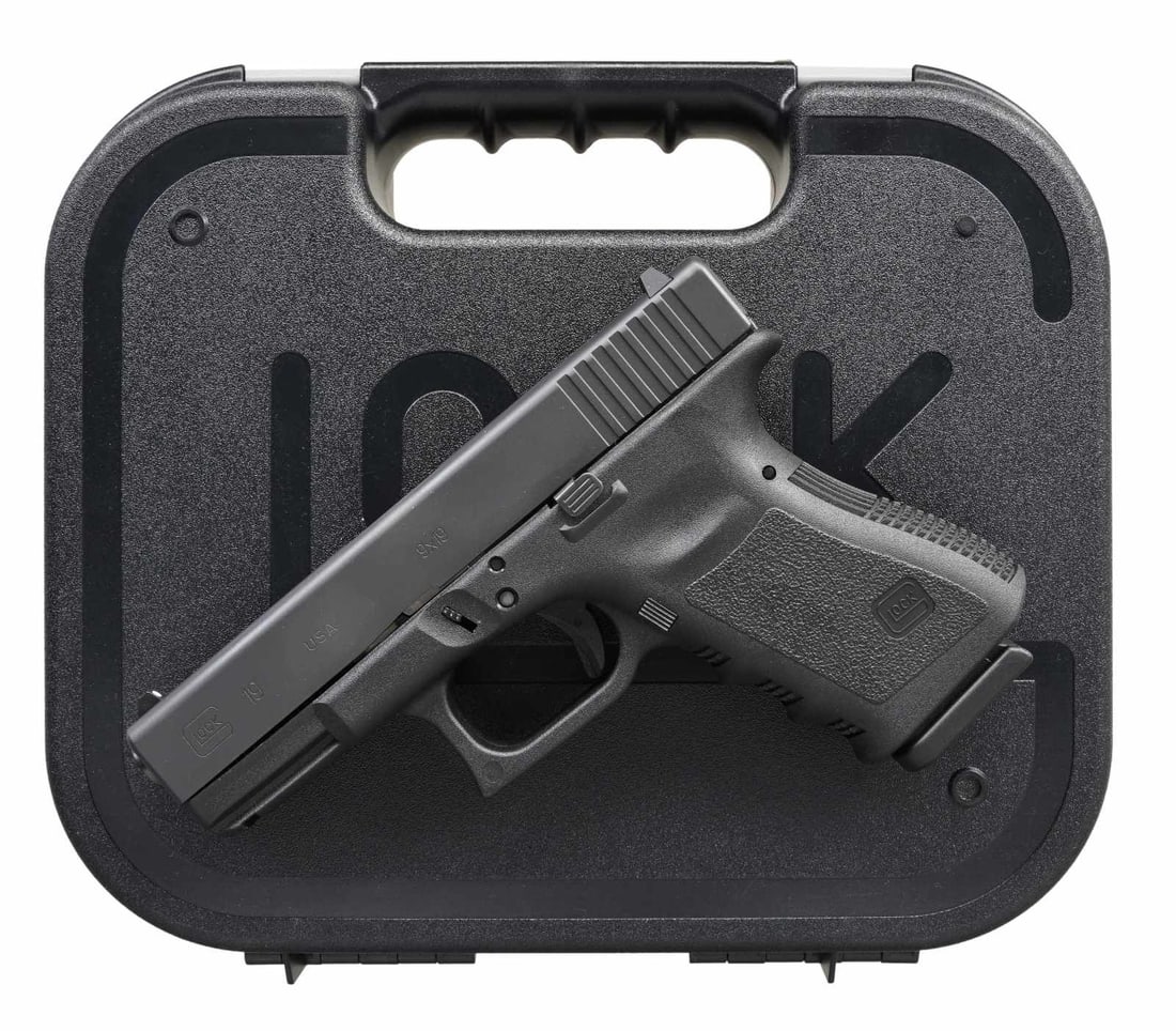 GEN3 GLOCK 19 SEMI AUTO PISTOL.: Cal. 9x19. S# AFYA395. Bbl. 4". USA made 3rd Gen Glock 19. Standard white outline Glock sights. Matte black finish slide w/ rear serrations. Polymer frame w/ accessory rail & finger grooves. MAGS: 2-1