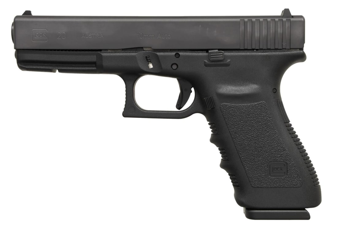 GLOCK 20SF SEMI AUTO PISTOL.: Cal. 10mm. S# BVXX810. Bbl. 4 3/4". Standard white outline Glock sights. Austrian made Gen3 "Short frame" model. Mattle black slide w/ rear serrations. Polymer frame w/ finger grooves & accessory rail