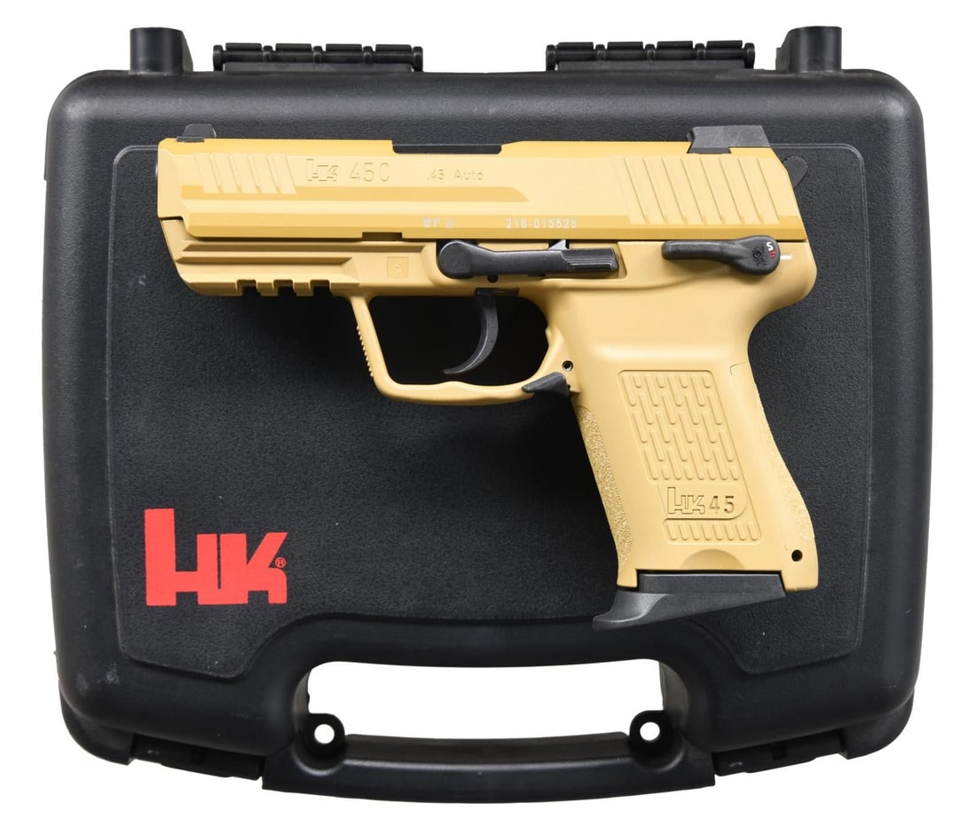 HECKLER & KOCH MODEL 45C SEMI-AUTOMATIC PISTOL.: Cal. 45 ACP. S# 216-015525. Bbl. 3 3/4". Model 45C semi-automatic pistol manufactured by Heckler & Koch USA. Left side of slide exhibits the model and cal. designations above a "BF" and the S#. Tan sl