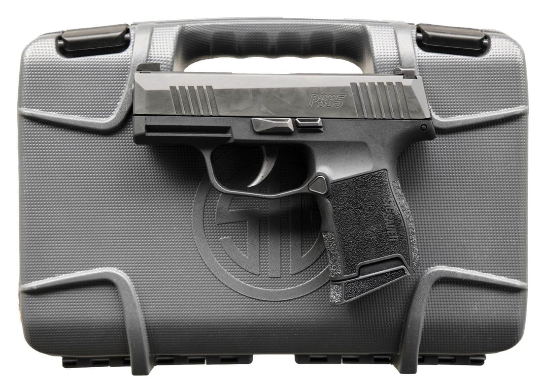 SIG P365 SEMI AUTO PISTOL.: Cal. 9mm. S# 66B997289. Bbl. 3". Three dot night sights. Matte black finish. Polymer frame w/ accessory rail. MAGS: 2-10 rd. UNATTACHED ACCESSORIES: matching numbered factory hardcase w/ foam inserts,