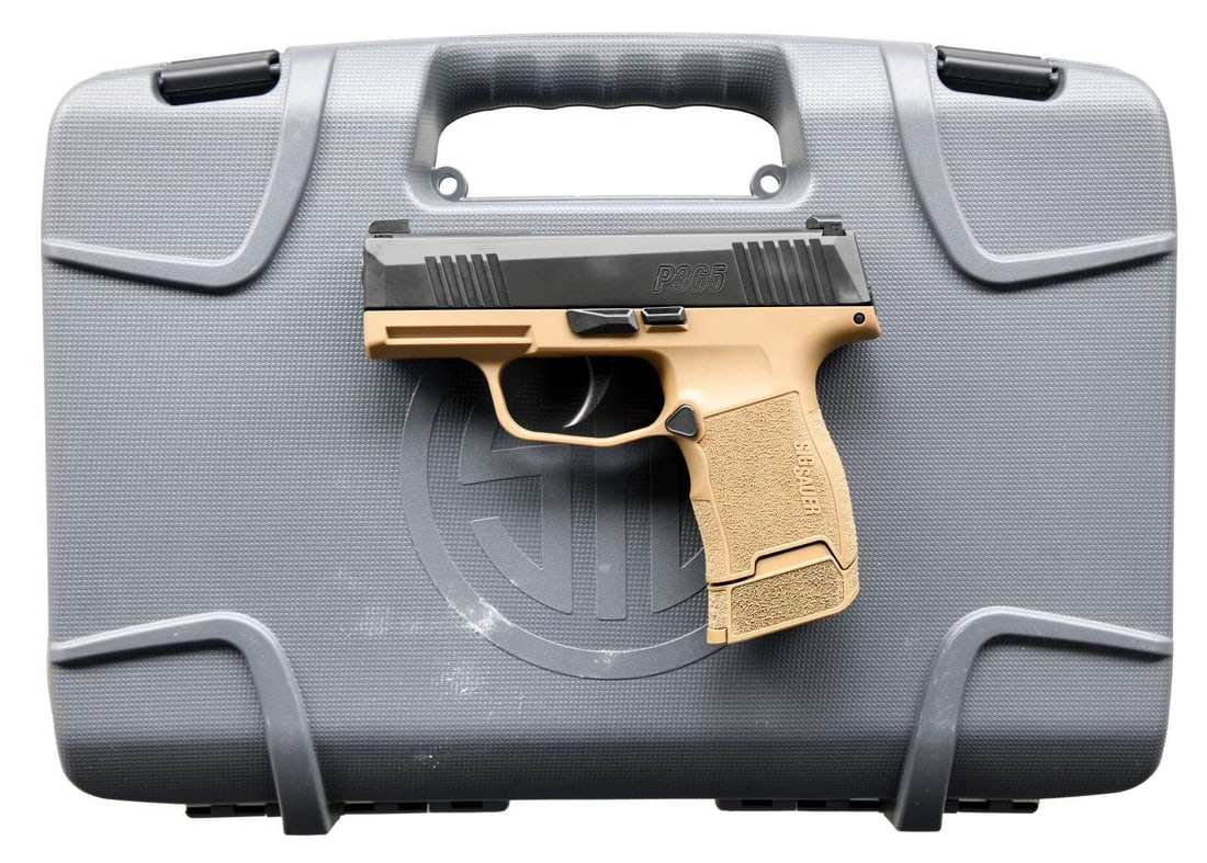 SIG P365 SEMI AUTO PISTOL.: Cal. 9mm. S# 66B900078. Bbl. 3". Three dot night sights. Matte black slide. Coyote brown frame w/ accessory rail. MAGS: 2-10 rd. UNATTACHED ACCESSORIES: matching numbered factory hard case w/ foam ins