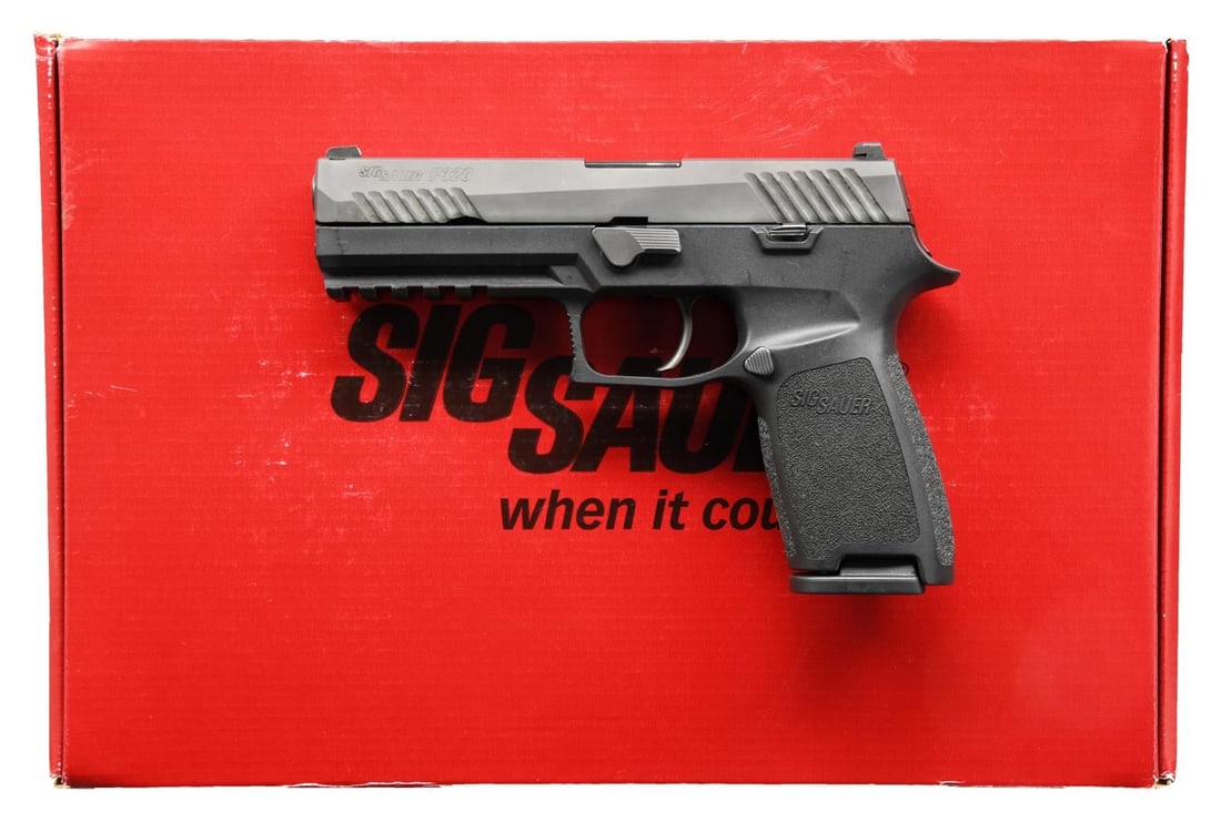 SIG SAUER P320 SEMI AUTO PISTOL.: Cal. 9mm Luger. S# 58A101336. Bbl. 4 5/8". Three dot night sights. Matte finish. Black polymer frame w/ picatinny rail. MAGS: 3-17 rd. UNATTACHED ACCESSORIES: factory box end labeled to gun, dual poly