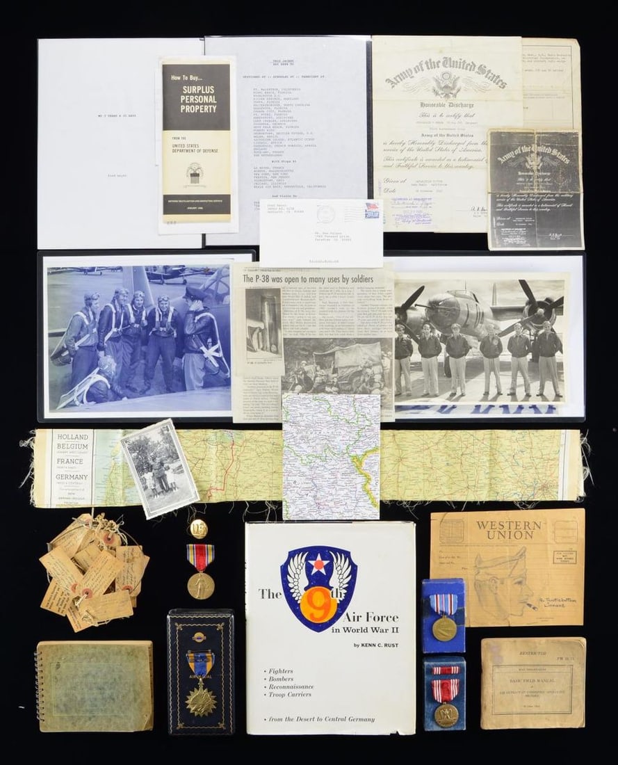 WWII 9th AIR FORCE GROUP.: This group includes 1 book titled "The 9th Air Force in WWII" by Kenn Rust. / 1 Air Medal with 3 clusters in original box. / 1 Good Conduct Medal in original box. / 1 American Theater Medal in origina
