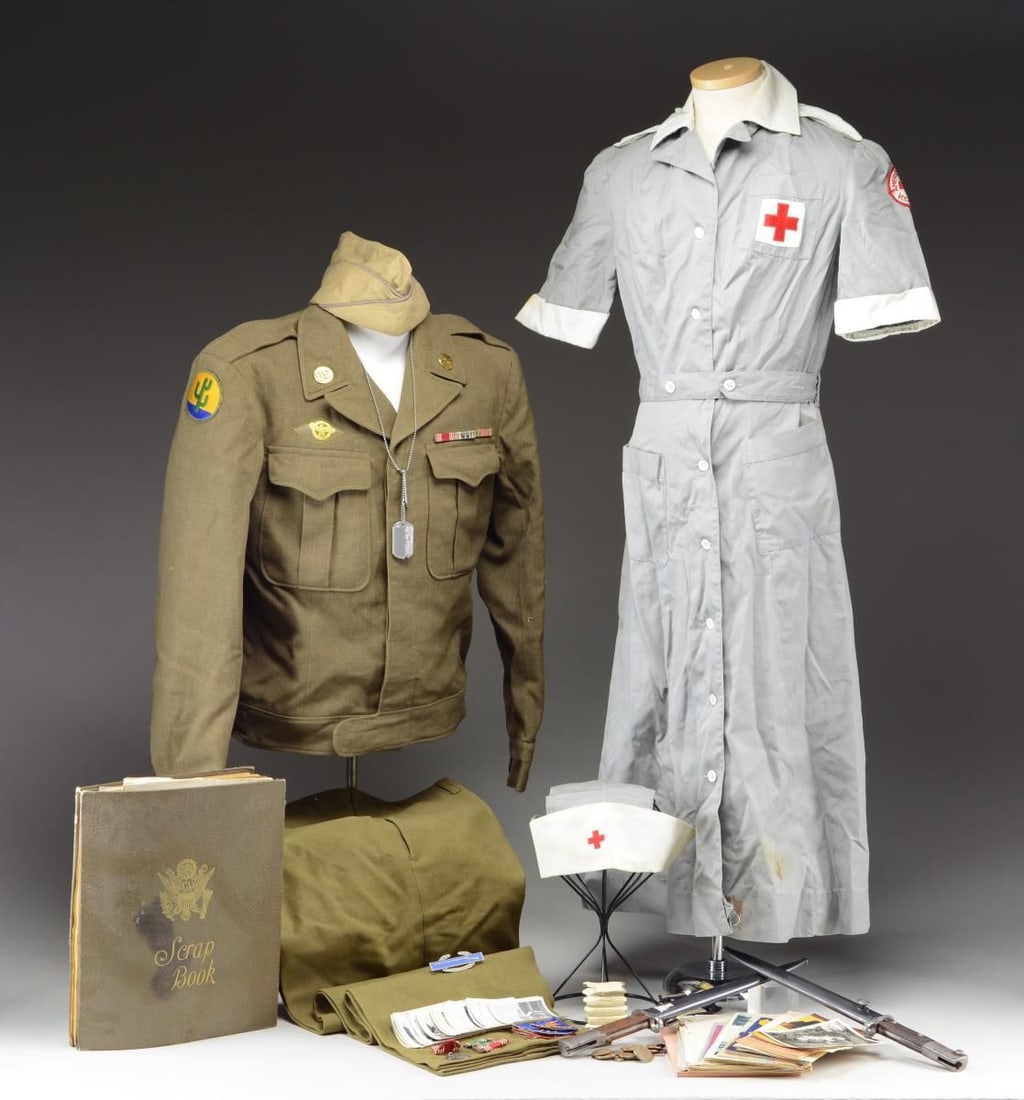 WWII 45th/103rd UNIFORM & EPHEMERA GROUP.: This lot consists of 1 WWII Ike jacket with pants & overseas cap, belonging to Percival Hanson. Right shoulder has a 103rd Division patch, & the left shoulder has a 45th Division patch. Plastic coated