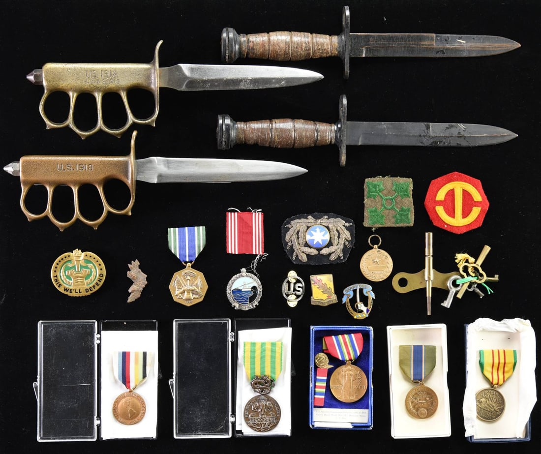 US & FOREIGN MILITARIA.: This lot consists of 1 US M-3 flak helmet, as used on B17 bombers during WWII with no liner and an oxidized finish. / 2 M-4 style bayonets with no markings. No scabbards. / 1 Rare Henry Disston & Sons