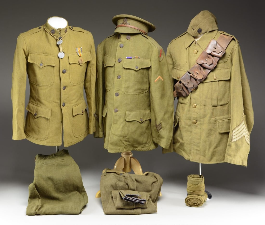 2 US WWI UNIFORMS & 1 BRITISH WWI UNIFORM.: 1) US. A heavy wool uniform coat & pants of a style worn during WWI. The 5-button uniform coat has 4 flap pockets on the front. The left sleeve has 91st Division Pine Tree patch, a red chevron, and a 