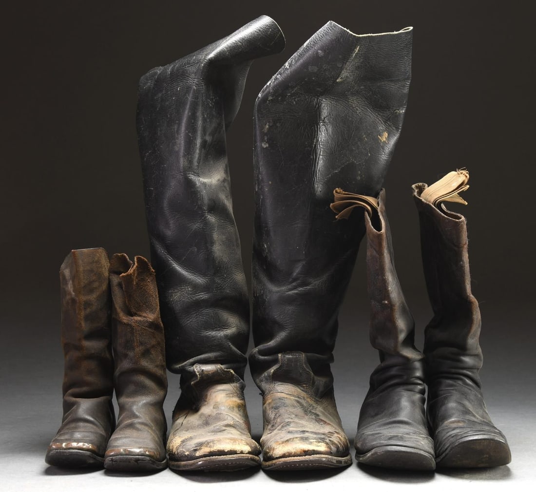 3 PAIRS OF VINTAGE US LEATHER BOOTS.: 1) Boots have a 10" shin, measuring 7.5" from heel to toe w/ a 2" width. 2) Boots have a 13" shin, measuring 9" from heel to toe w/ a 3" width. Elastics attached along top edge. 3) Boots have a 23" sh