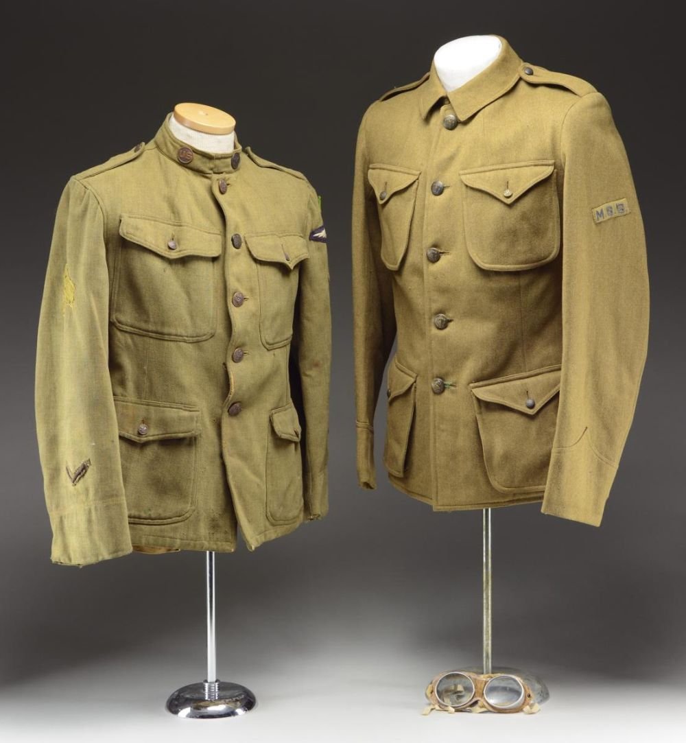 WWI UNIFORMS & GOGGLES.: 1) A wonderful WWI enlisted tunic for a Sergeant of the Air Corps. The collar has correct "US" and Air Corps collar discs. At the left shoulder is a green diamond above a set of enlisted Pilot wings a