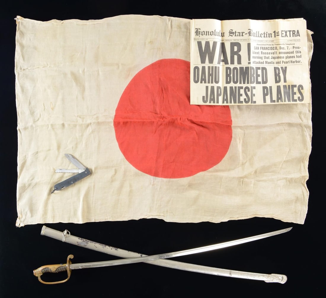 JAPANESE SWORD, FLAG, HONOLULU NEWSPAPER, &: FOLDING KNIFE. 1) SWORD. Overall length: 39 1/2". Blade length: 30 3/4". Plated blade has a single narrow hi with a simulated, wavy hamon. Gilded brass hilt showing a 10-petal cherry blossom on either