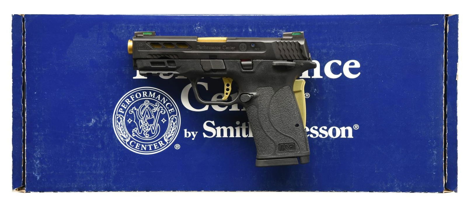 SMITH & WESSON PERFORMANCE CENTER 9 SHIELD EZ: SEMI AUTO PISTOL. Cal. 9mm Luger. S# NLV9926. Bbl. 3 3/4" gold coated. Fiber optic sights. Matte black finish ported EZ slide. Ambi safety. Gold coated Performance Center trigger. Black polymer frame