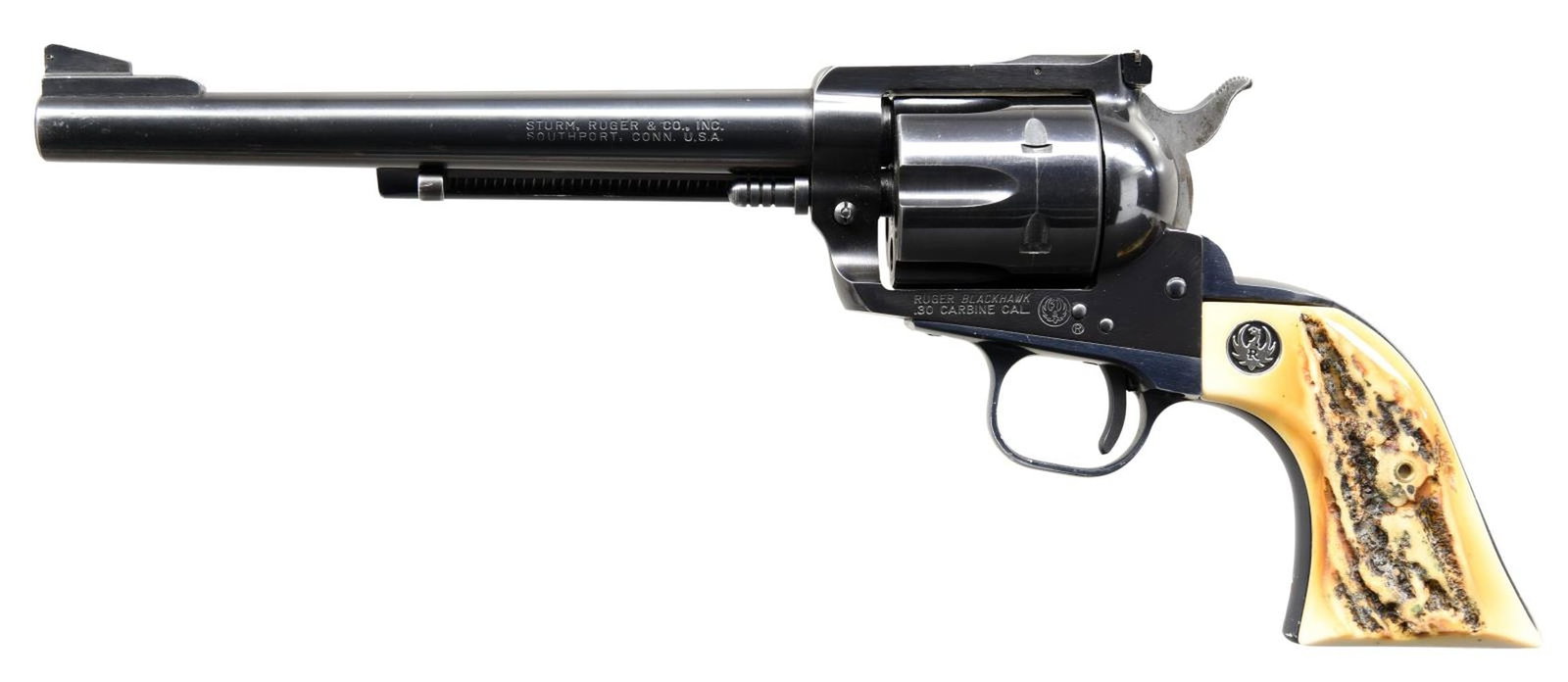 RUGER OLD MODEL .30 CARBINE BLACKHAWK REVOLVER.: Cal. 30 Carbine. S# 50-04689. Bbl. 7 1/2" with ramped serrated blade sight plus frame mounted adjustable rear. Black anodized alloy grip frame and ejector housing. Realistic looking non Ruger, faux st