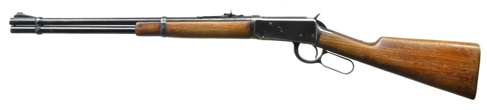 WINCHESTER PRE 64 MODEL 94 LEVER ACTION CARBINE.: Cal. 30WCF (30-30). S# 1648017. Bbl. 20" with ramp mounted bead front & sporting rear sights. Full length mag. Long wood forend & straight grip walnut stock with checkered steel buttplate. Mfg. 1950. 