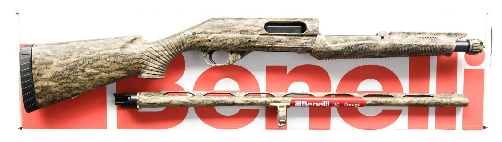 BENELLI NOVA PUMP ACTION SHOTGUN WITH MATCHING: FACTORY BOX. Cal. 20 GA, 2 3/4" & 3". S# BA102808R. Bbl 25 3/4". Nova pump action shotgun manufactured by Benelli in Italy and imported by Benelli U.S.A. The left side of the bbl. exhibits Benelli's m