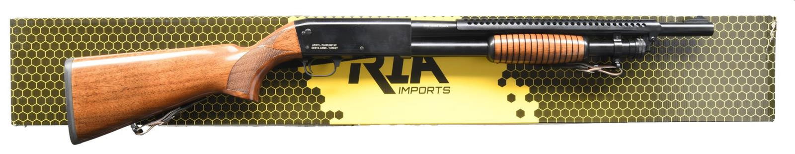 ROCK ISLAND ARMORY CARINA PUMP ACTION SHOTGUN WITH: MATCHING BOX. Cal. 12 Ga., 2 3/4". S# R466840. Bbl. 18 1/2". Carina pump action shotgun mfg. by Derya Arms in Turkey, imported by "APINTL - PAHRUMP NV", and retailed by Rock Island Armory. Left side o