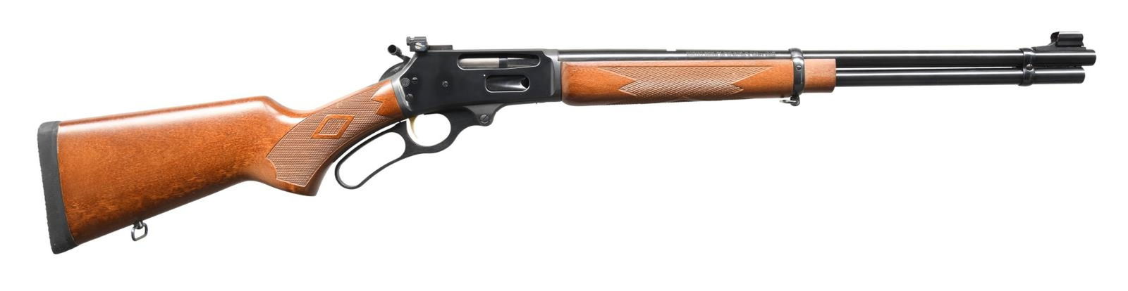 MARLIN 336W LEVER ACTION RIFLE.: Cal. 30-30. S# 98022088. Bbl. 20". Bead front sight w/ hood. Receiver mounted Williams aperture rear sight. Bbl. sight slot is vacant. Hammer w/ extension. Gold trigger. Crossbolt safety. Checkered pi