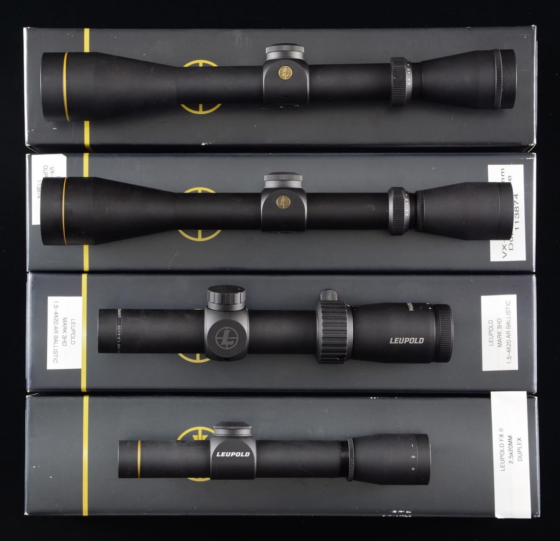 4 LEUPOLD VIARIABLE POWER RIFLE SCOPES.: 1) VX-1 3-9X40MM. 1" Matte finish tube. Duplex reticle. Finger adj. turrets w/ screw on caps. UNATTACHED ACCESSORIES: w/ box, manual, slip on scope caps. 2) VX-2 3-9X40MM. 1" Matte finish tube. Duplex