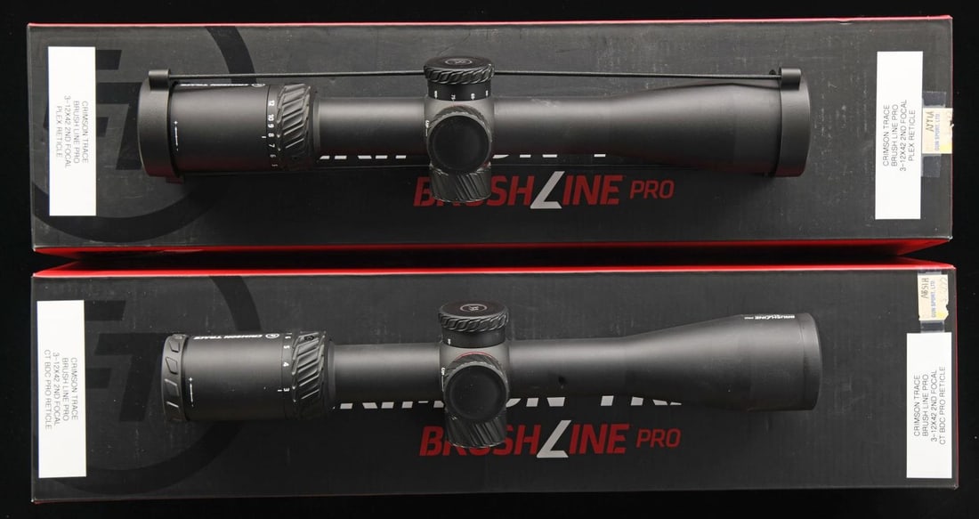 2 CRIMSON TRACE BRUSH LINE PRO RIFLE SCOPES.: 1) CRIMSON TRACE BRUSH LINE PRO - 3-12X42MM. 30mm Tube. 2nd Focal plane. Side focus. Capped turrets. Matte finish. Plex reticle. UNATTACHED ACCESSORIES: matching box, instruction manual & scope cover.