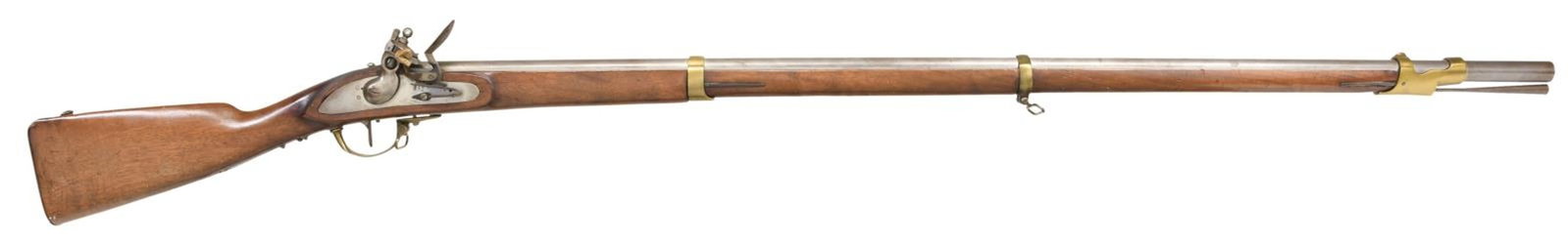 REPRO STOEGER ARMS CHARLEVILLE FLINTLOCK MUSKET.: Cal. 69. NSN. Bbl. 45". Brass blade front sight. Belgian made musket in the 20th century & sold by Stoeger Arms. Touch hole has indent but is not drilled likely done for European market. Left side of 