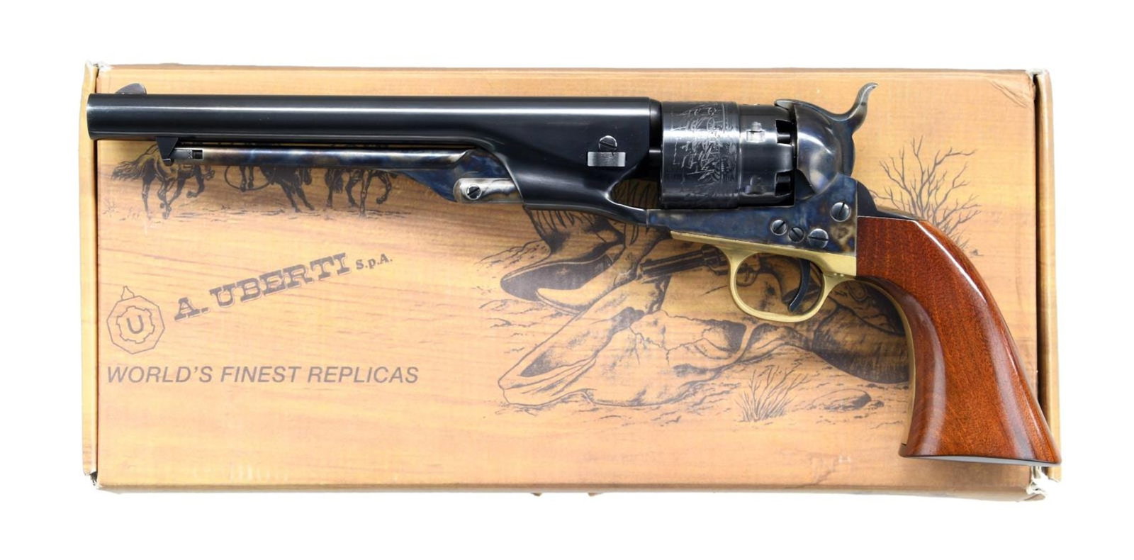 A. UBERTI 1860 ARMY STEEL REVOLVER.: Cal. 44. S# D18656 (CN = 2015). Bbl. 8" rnd. 6 Shot fluted cyl. w/ Naval scene. Case hardened frame. Brass trigger guard. Grip strap has cutout for shoulder stock. One piece walnut grip. Imported by T