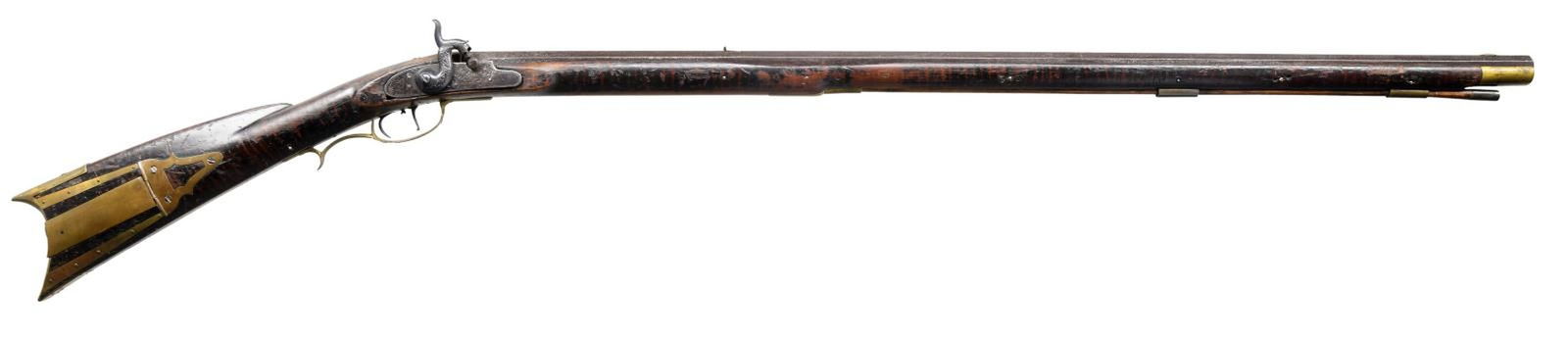 UNMARKED PERCUSSION FULL STOCK RIFLE.: Cal. 44. NSN. Bbl. 38" oct. Brass blade front sight. Fixed rear sight. American full stock percussion rifle w/ no discernable markings. Lock displays a loose fit. Hammer & lock have floral engraving.