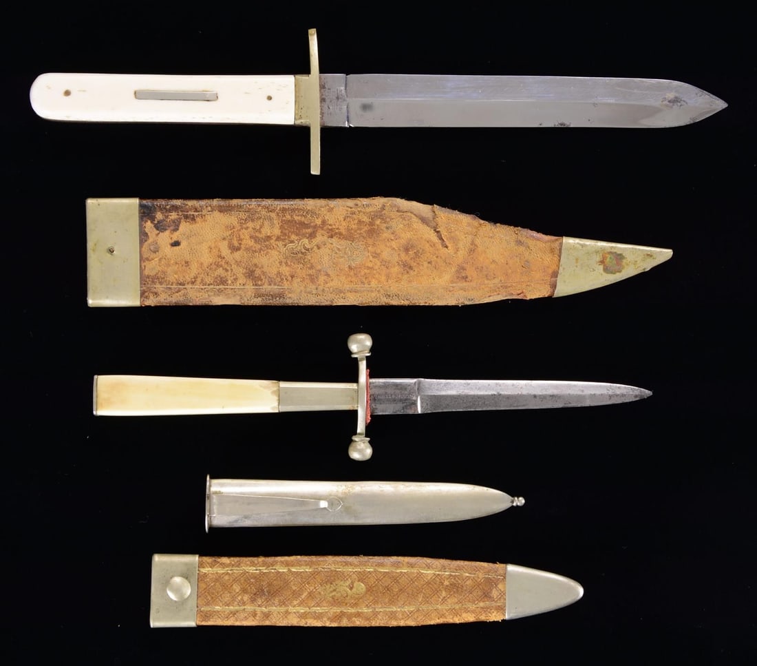 SLATER BROTHERS SPEAR POINT KNIFE, GEO.WOSTENHOLM: DIRK, & BOWIE SCABBARD. 1) Spear point knife produced by Slater Brothers in Sheffield, England. The ricasso is marked "VENTJR/ SLATER/ BROTHERS/ SHEFFIELD". The bright finished spear point blade measu