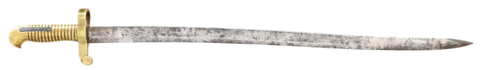 US M1841 SABER BAYONET.: Overall length: 30 3/8". Blade length: 25 1/2". The yataghan blade has a single wide fuller and is stamped at the ricasso "1861". Solid brass hilt with a bird's head form pommel. The top flat of the b