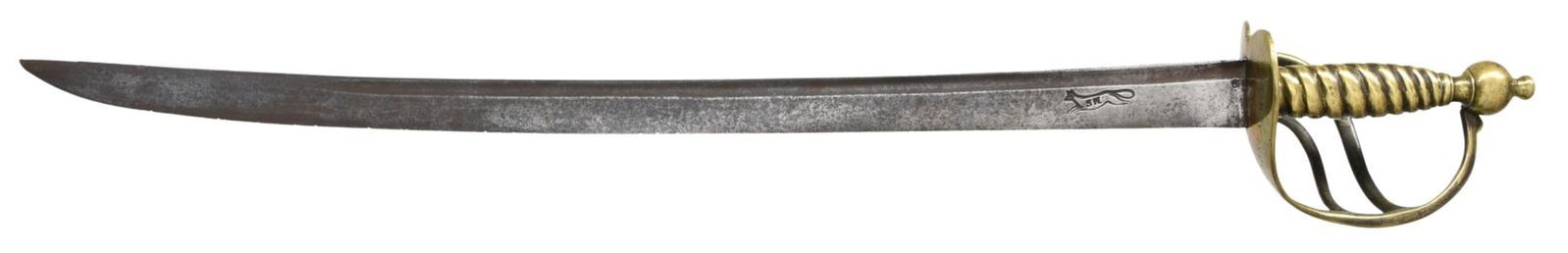 BRITISH M1751 INFANTRY HANGER.: Overall length: 31". Blade length: 25". This sword has a plain blade with a single medium fuller near the spine. The blade is stamped on both sides with a running fox and the initials "SH" on the fox.