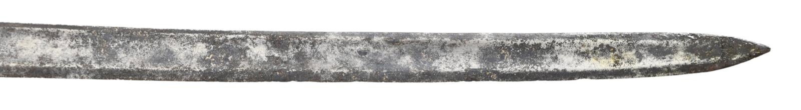 18th CENTURY EUROPEAN HUNTING SWORD.: Overall length: 30". Blade length: 24 1/4". Blade has a single wide fuller with foliate etching as it nears the ricasso. There are the remnants of more engraving that has been obliterated by pitting. 