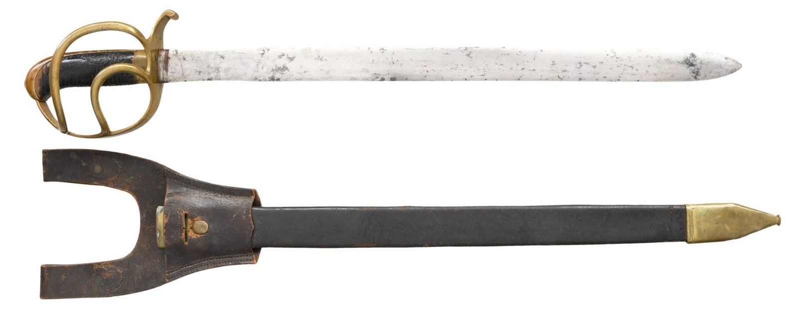 19th CENTURY EUROPEAN SWORD.: Overall length: 30". Blade length: 23 1/2". This sword is likely Bavarian or German in origin and was possibly used by police or other law enforcement forces. Plain blade is slightly waisted near the 