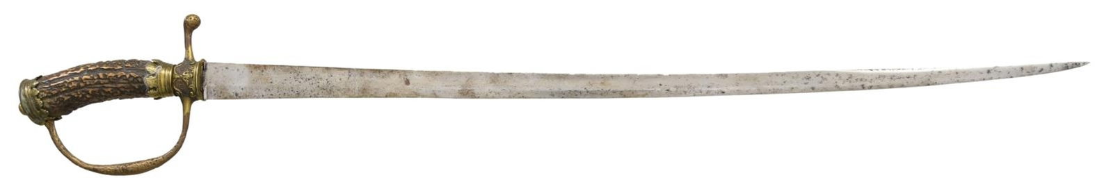 EUROPEAN HUNTING SWORD.: Overall length: 29". Blade length: 23 7/8". A good example of an early 19th century hunting sword, likely of Germanic origin. Plain blade with a single medium sized fuller. Gilded brass hilt of simple