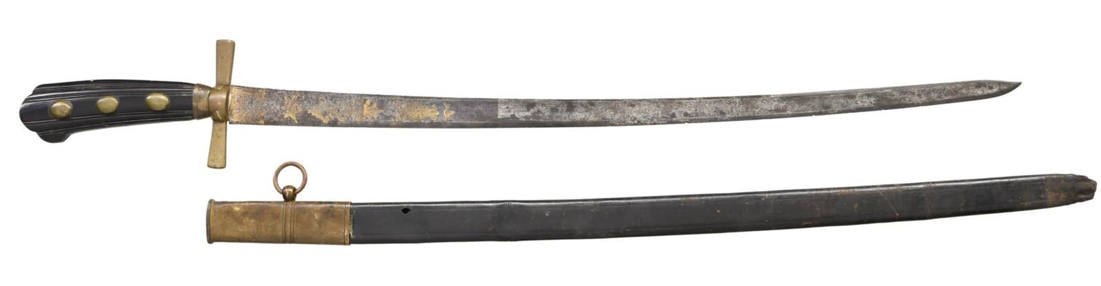 EUROPEAN HUNTING SWORD.: Overall length: 30". Blade length: 21 5/8". This hunting sword is likely of Germanic origin and dates from the late 18th to the early 19th century. The blade has a single wide fuller and has gold high