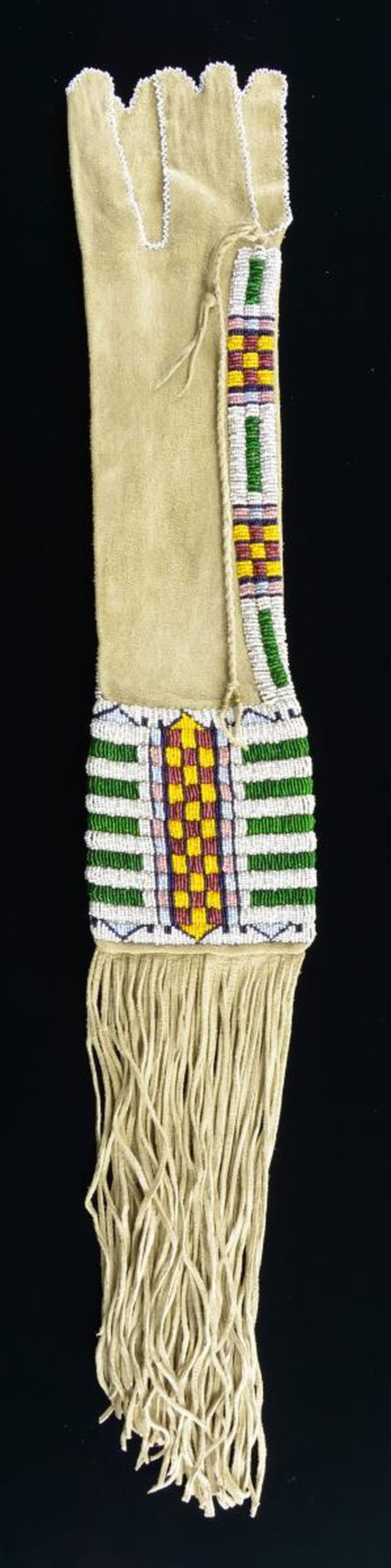 FINE DECORATIVE AMERICAN INDIAN PIPE BAG.: 32" including fringe x 6" bifurcated 4-branch white bead thread sewn throat. Large 5.5" x 6" panel beaded with white ground, yellow/orange, baby blue, black, green, pink, and red. CONDITION: very good