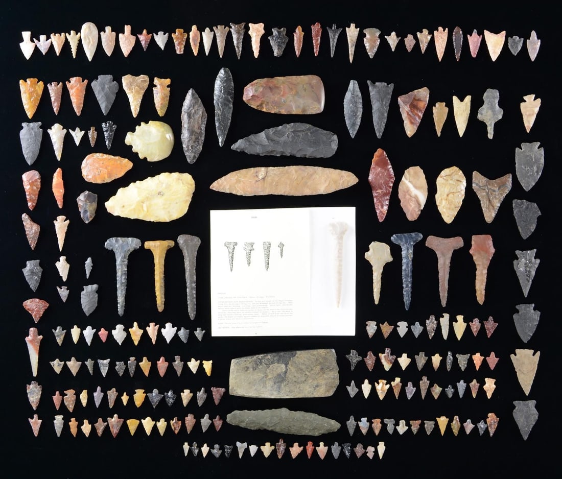 LARGE GROUP OF NATIVE AMERICAN FLINT ARROWHEADS,: KNIVES, DRILLS, & MORE. This large lot contains approx. 180 various flint arrowheads, knives, & spearheads. There are also scrapers, an axe head, and 8 flint drills. This large collection once belonge