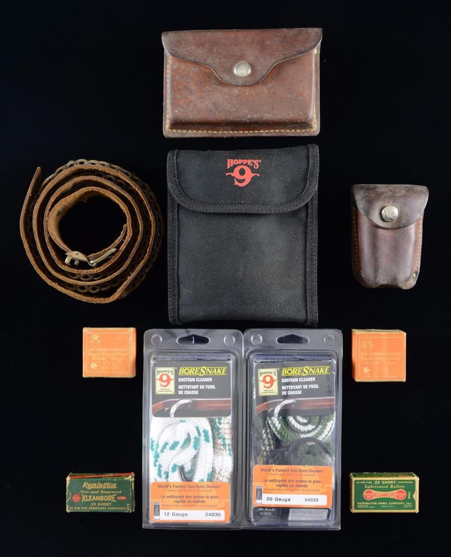 AMMO, LEATHER GOODS & CLEANING ACCESSORIES.: - 45+ RDS. (2 BOXES) of vintage Rem. Kleanbore 22 Short; 1 box is "Dog bone" variant. - 50 RDS. (2 SEALED BOXES) Belgian 32 ACP. CONDITION: ammo appears serviceable. Rem. boxes in fair condition w/ fr