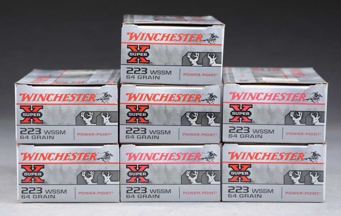 180 RDS. (7 BOXES) WINCHESTER 223 WSSM 64 GR.: POWER-POINT. CONDITION: boxes near excellent. Ammo appears serviceable. PROVENANCE: The Collection of Gun Sport Ltd owned by Jon R. Thomas. (02-20299/MD). $300-600.