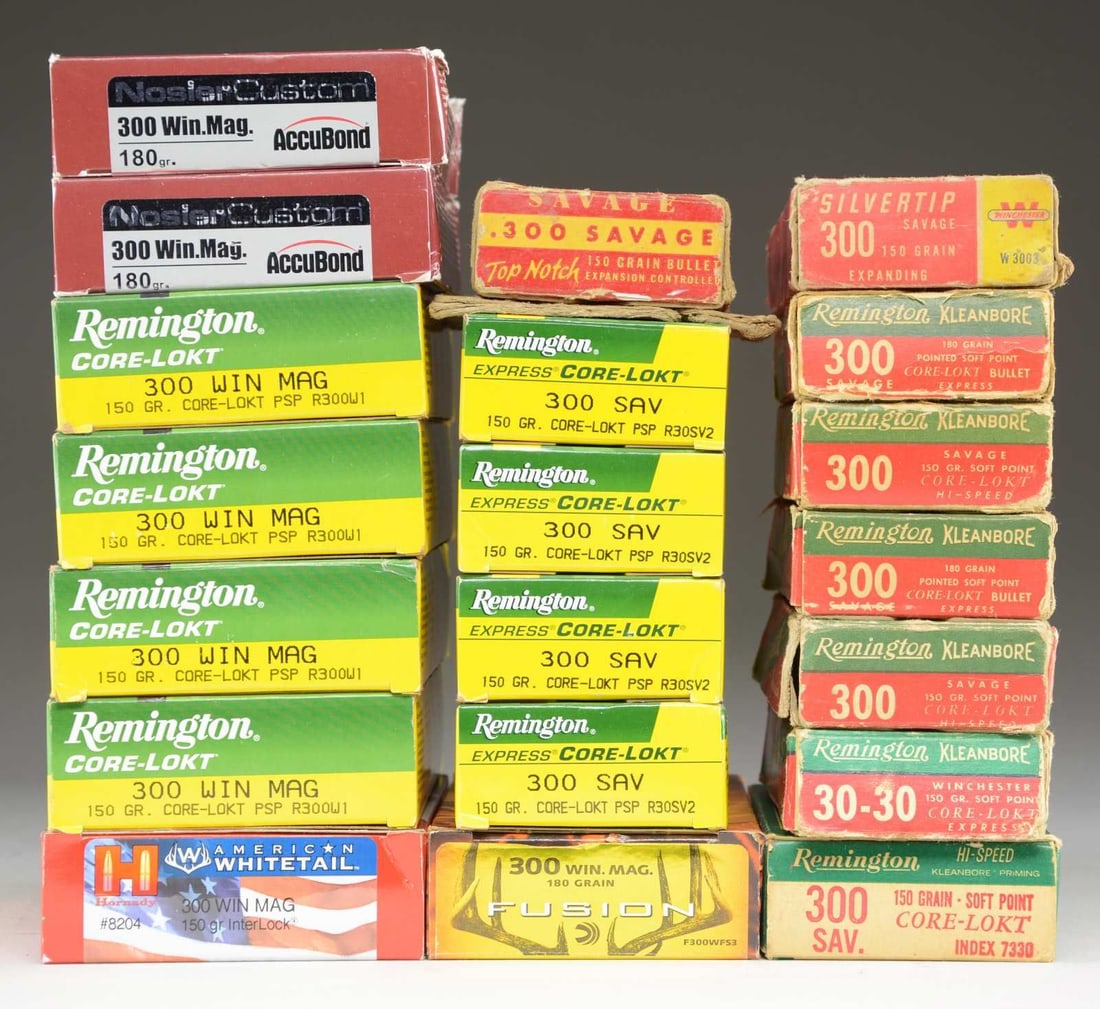 12 BOXES OF 300 WIN MAG., 300 SAVAGE & 30-30 AMMO.: This lot consists of 1 box containing 20 rounds of 300 Win Mag. Hornady American Whitetail 150 gr., interlock. / 1 Box containing 20 rounds of Nosler Custom 180 gr., accubond. / 3 Boxes containing 60 