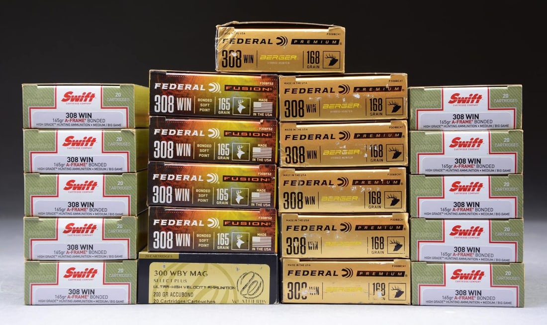 400 RDS. (20 BOXES) 308 WIN: 120 RDS. (6 BOXES) Federal 168 gr. Berger Hybrid Hunter. 80 RDS. (4 BOXES) Federal Fusion 165 gr. Bonded Soft Point. 200 RDS. (10 BOXES) Swift 145 gr. A-FRAME BONDED. CONDITION: boxes very good to nea