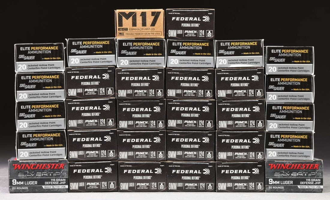 640 RDS. (32 BOXES) 9MM LUGER JACKETED HOLLOW: POINT AMMO. 340 RDS. (17 BOXES) Federal Personal Punch 124 gr. 240 RDS. (12 BOXES) Sig Sauer Elite Performance. 40 RDS. (2 BOXES) Win. Silvertip Defense 115. gr. 20 RDS. (1 BOX) Sig Sauer M17 +P 124 g