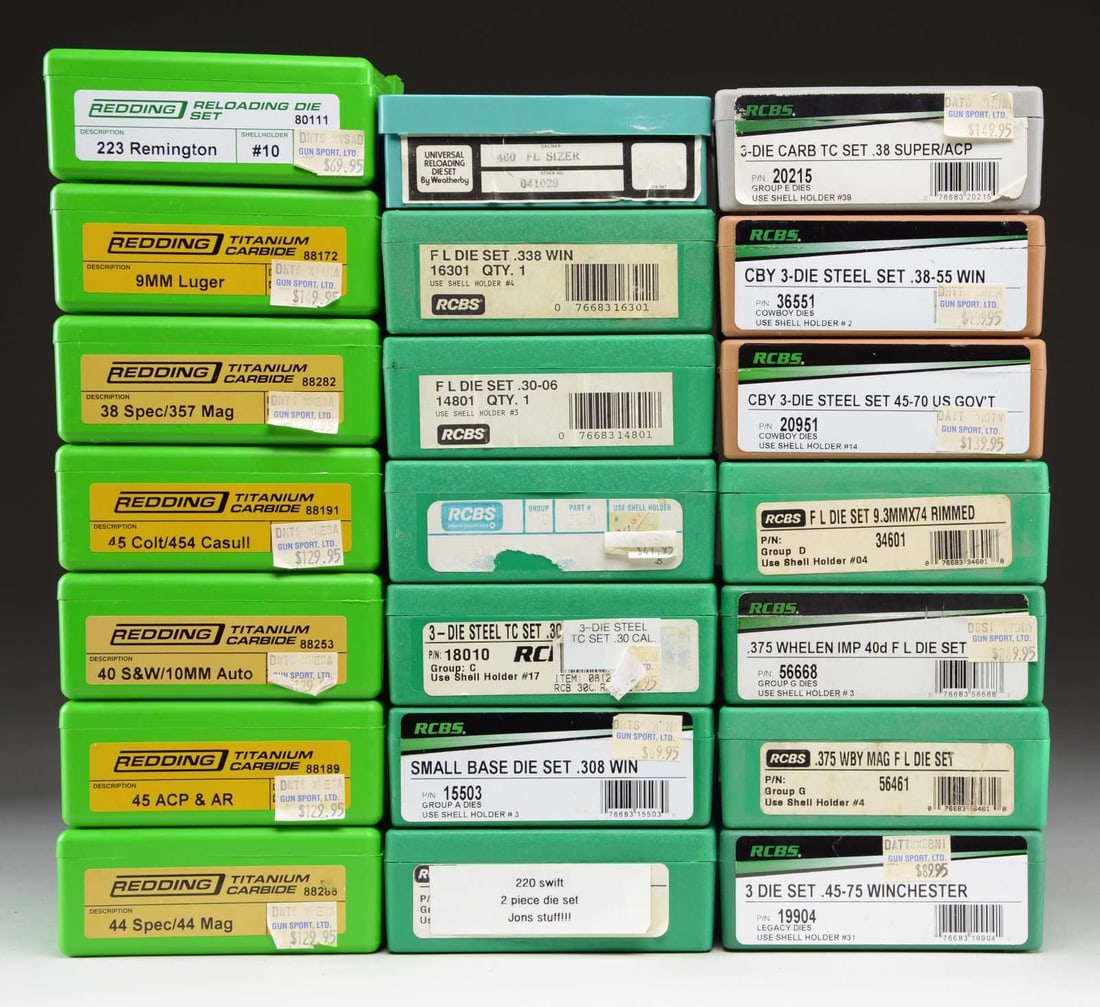 21 MODERN RELOADING DIE SETS: Lot includes the following: RCBS 220 Swift, Redding 223 Rem #80111, RCBS 3-die steel TC set 30 Carbine, RCBS Small base set 308 Win #15503, RCBS 30-06 #14801, RCBS 32-40 #32501, RCBS 338 Win #16301, R