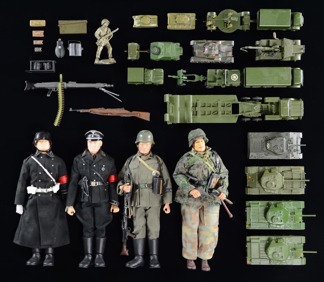 MILITARY TOY LOT.: This lot consists of the following military themed toys: 1. FOUR 1/6 SCALE WW2 GERMAN FIGURES W/ ACCESSORIES. The first figure is a Das Reich infantryman w/ an MG34. The next is an SS Panzer grenadier