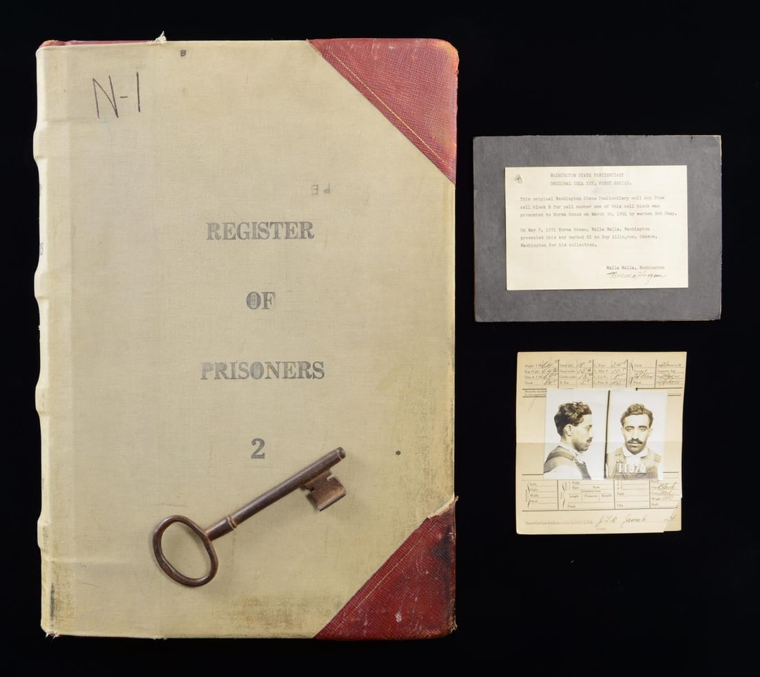 STATE OF WASHINGTON PENITENTIARY & JAIL GROUP.: This group includes an original cell key for the Washington State Penitentiary of Walla Walla, Washington. The large iron key measures 6 3/4" in length and comes with a signed note & memoriam card fro