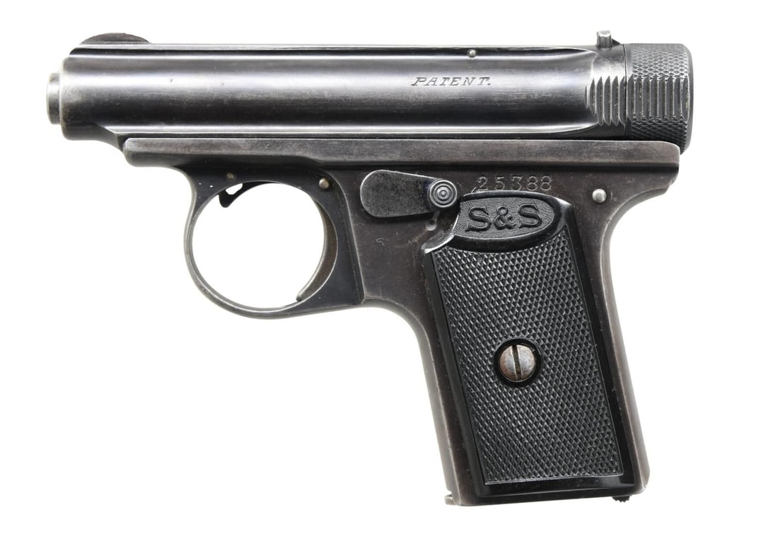 SAUER & SOHN MODEL 1919 SEMI AUTO PISTOL.: Cal. 6.35mm (25 ACP). S# 25388. Bbl 2 1/2". Round blade front sight. U-notch rear sight. Blue finish. Checkered black grips w/ S&S logo. MAGS: 1-6 rd. CONDITION: grips show some light chipping around 