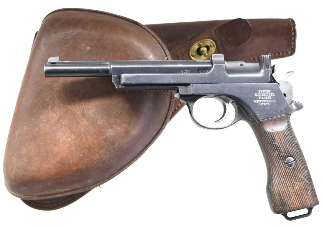 STEYR MANNLICHER 1905 ARGENTINE SEMI AUTO PISTOL.: Cal. 7.63 Mannlicher. S# 4707. Bbl. 6". Blade front sight. V-notch rear sight. All visible matching numbers. Right side of frame has ground Argentine crest. Left side of frame has System Mannlicher &